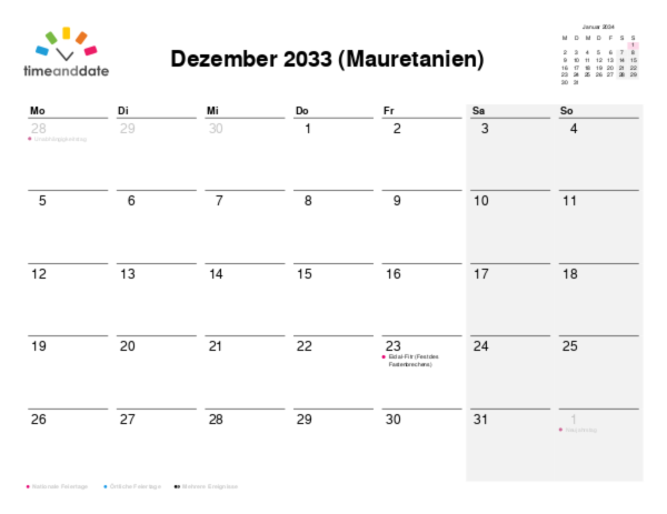 Kalender für 2033 in Mauretanien