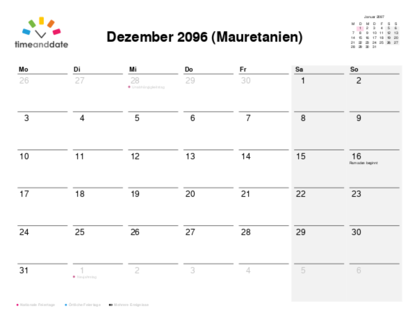 Kalender für 2096 in Mauretanien