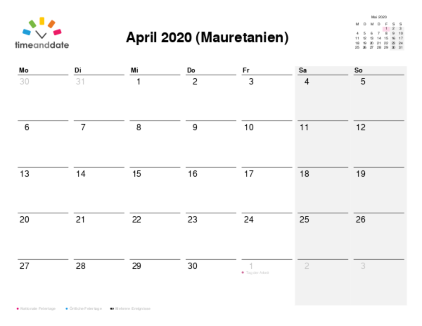 Kalender für 2020 in Mauretanien