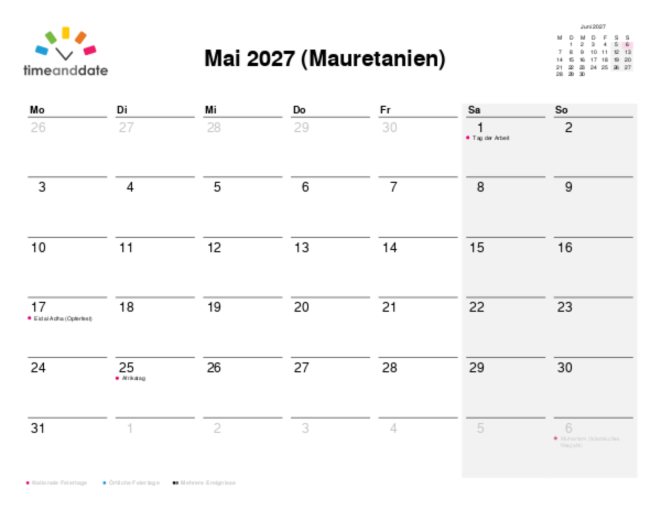 Kalender für 2027 in Mauretanien