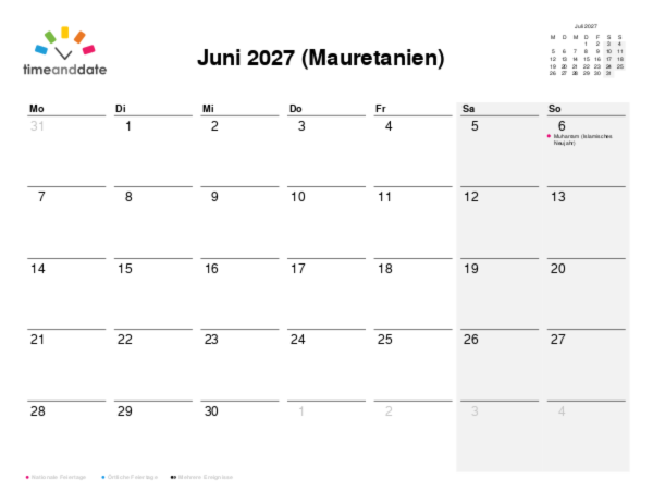 Kalender für 2027 in Mauretanien