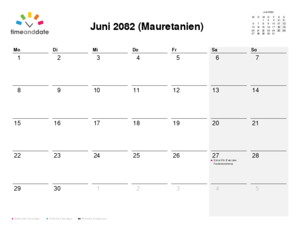 Kalender für 2082 in Mauretanien