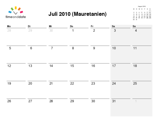 Kalender für 2010 in Mauretanien