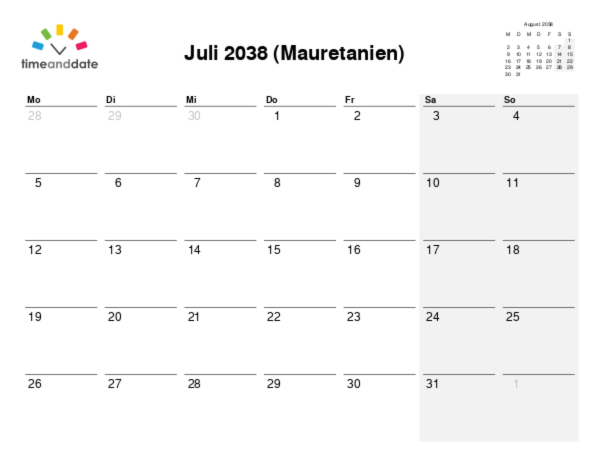 Kalender für 2038 in Mauretanien
