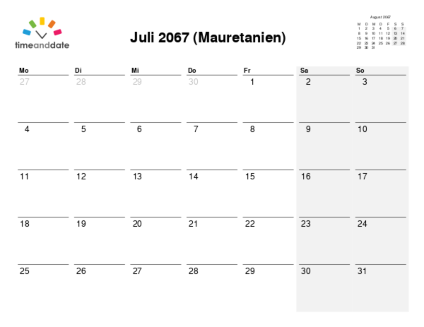 Kalender für 2067 in Mauretanien