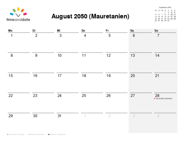 Kalender für 2050 in Mauretanien