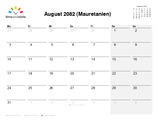 Kalender für 2082 in Mauretanien