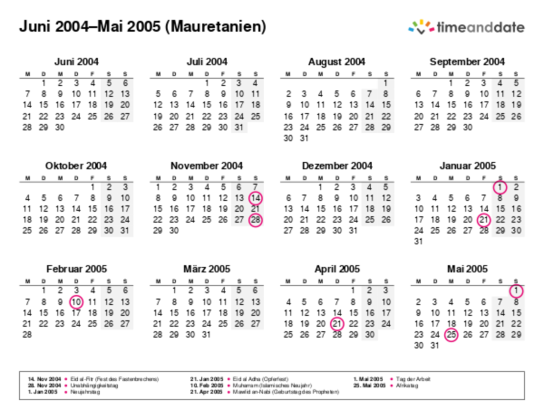 Kalender für 2004 in Mauretanien