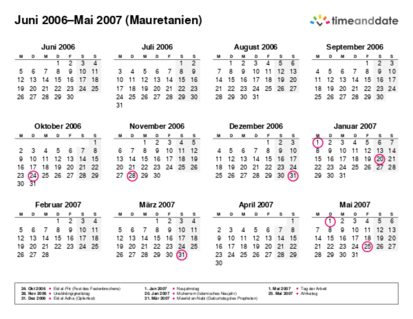 Kalender für 2006 in Mauretanien