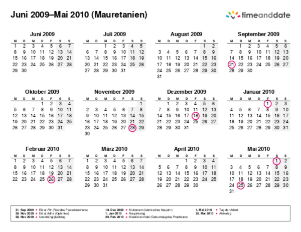 Kalender für 2009 in Mauretanien