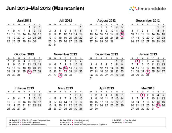 Kalender für 2012 in Mauretanien