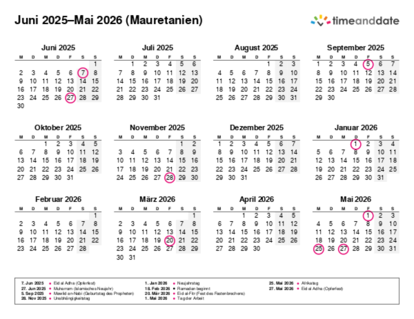 Kalender für 2025 in Mauretanien