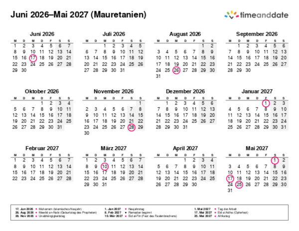 Kalender für 2026 in Mauretanien
