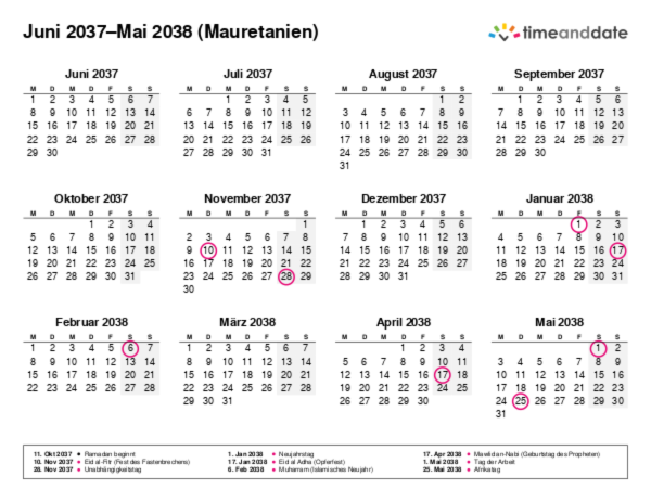 Kalender für 2037 in Mauretanien
