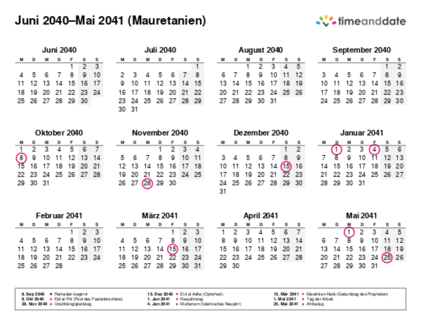 Kalender für 2040 in Mauretanien