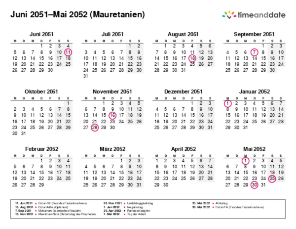 Kalender für 2051 in Mauretanien