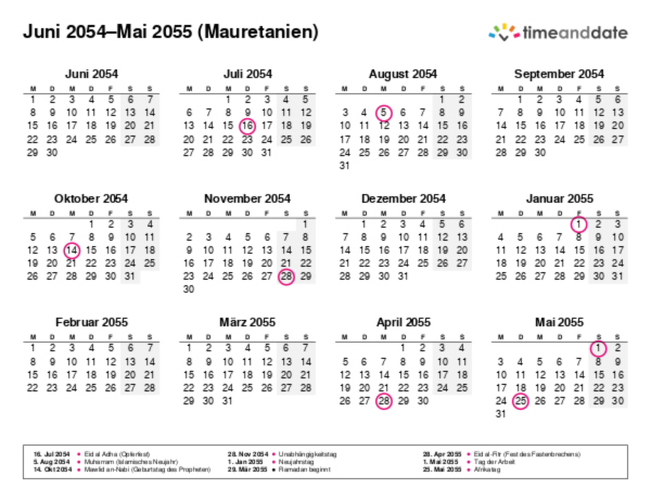 Kalender für 2054 in Mauretanien