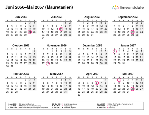 Kalender für 2056 in Mauretanien