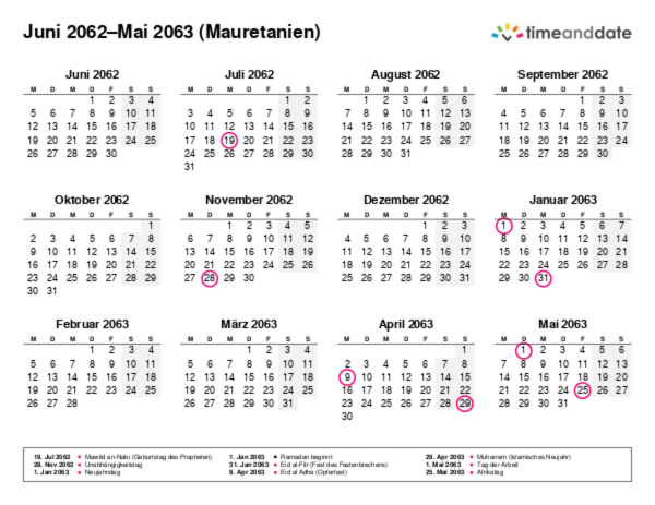 Kalender für 2062 in Mauretanien