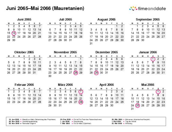 Kalender für 2065 in Mauretanien