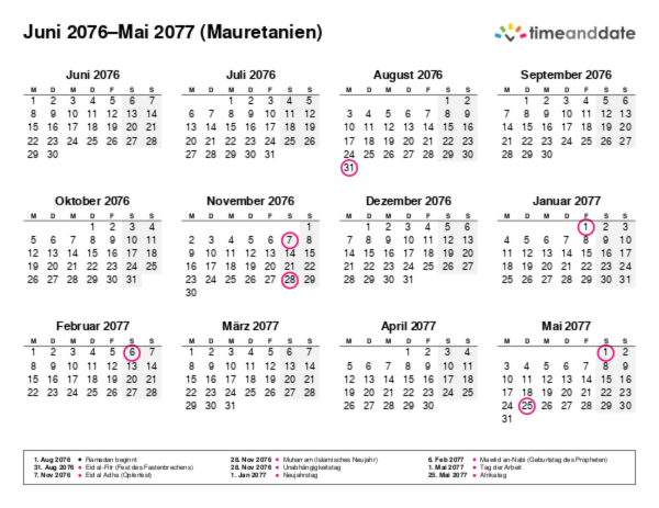 Kalender für 2076 in Mauretanien