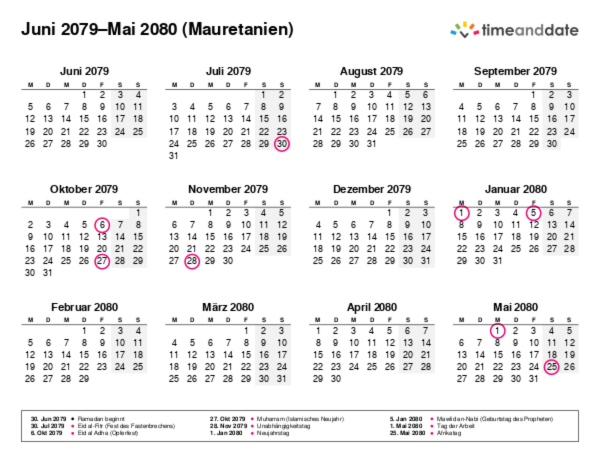 Kalender für 2079 in Mauretanien