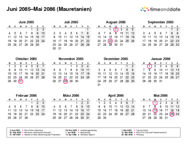 Kalender für 2085 in Mauretanien