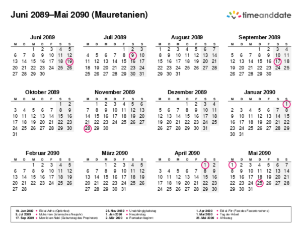 Kalender für 2089 in Mauretanien