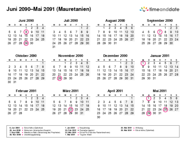 Kalender für 2090 in Mauretanien