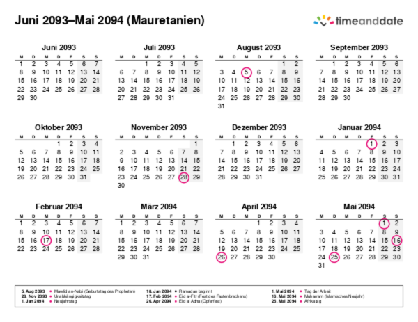 Kalender für 2093 in Mauretanien
