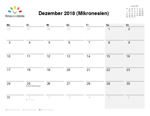 Kalender für 2018 in Mikronesien