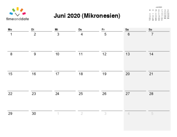 Kalender für 2020 in Mikronesien