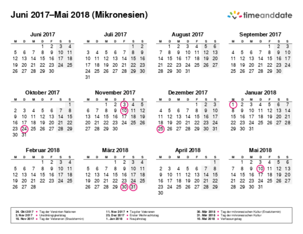 Kalender für 2017 in Mikronesien