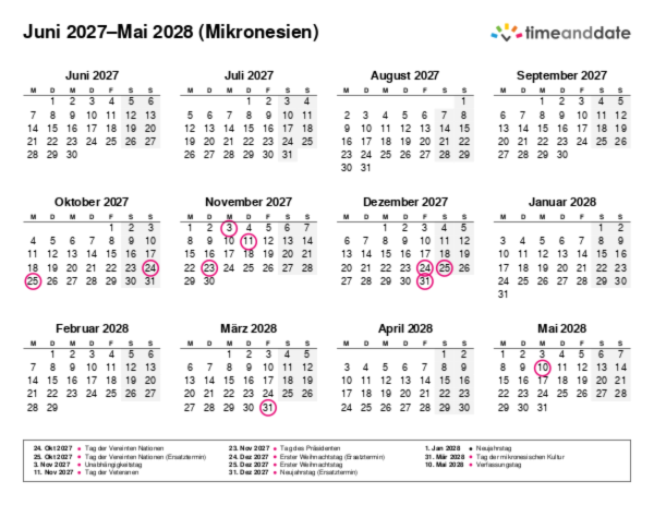 Kalender für 2027 in Mikronesien