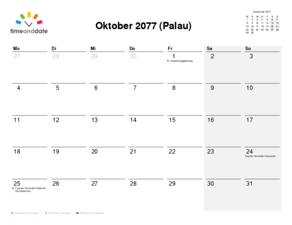 Kalender für 2077 in Palau