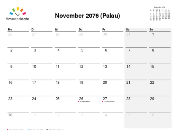 Kalender für 2076 in Palau