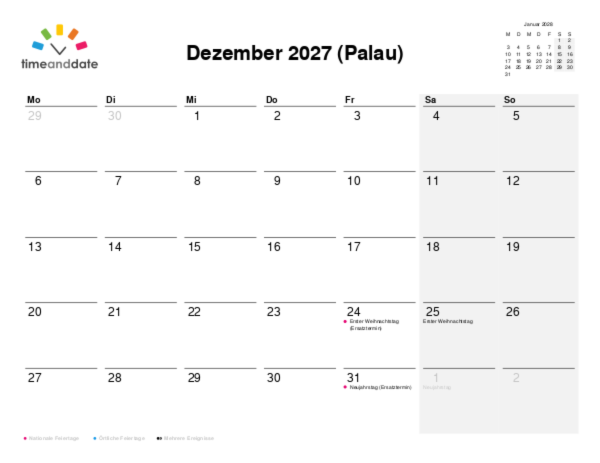 Kalender für 2027 in Palau