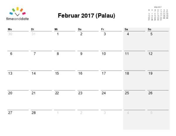 Kalender für 2017 in Palau