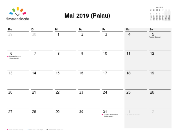 Kalender für 2019 in Palau