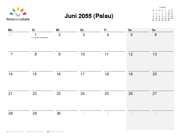 Kalender für 2055 in Palau