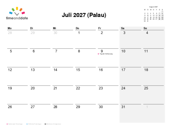 Kalender für 2027 in Palau
