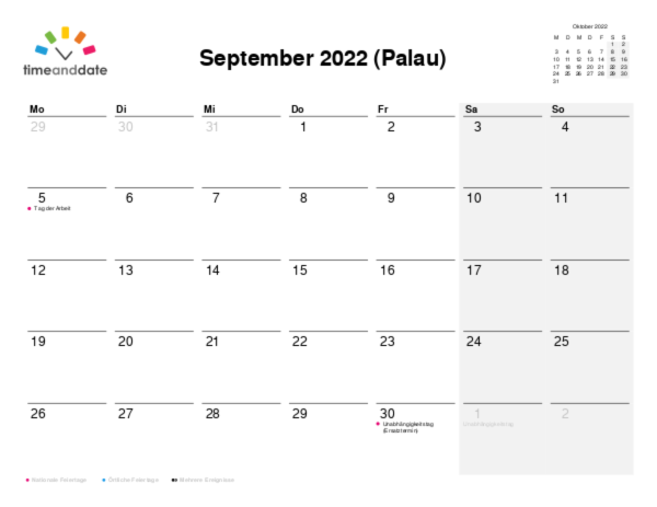 Kalender für 2022 in Palau