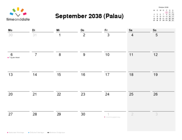Kalender für 2038 in Palau