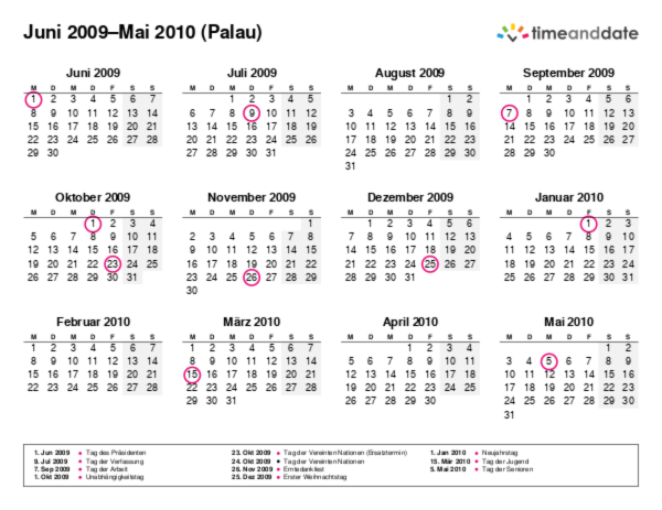 Kalender für 2009 in Palau