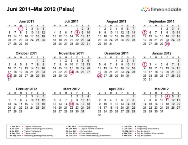 Kalender für 2011 in Palau