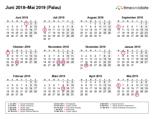 Kalender für 2018 in Palau