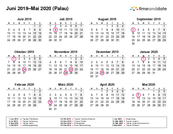 Kalender für 2019 in Palau