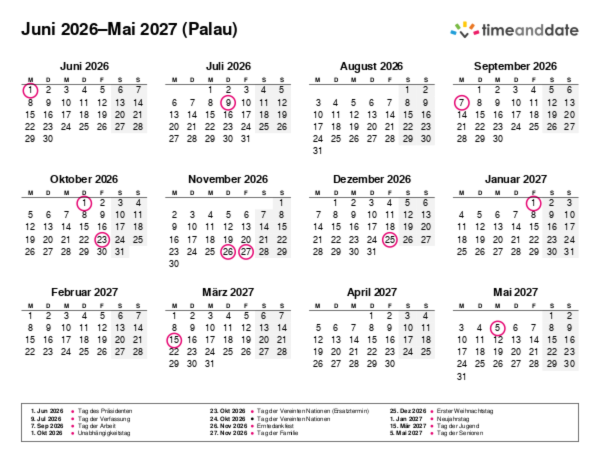 Kalender für 2026 in Palau