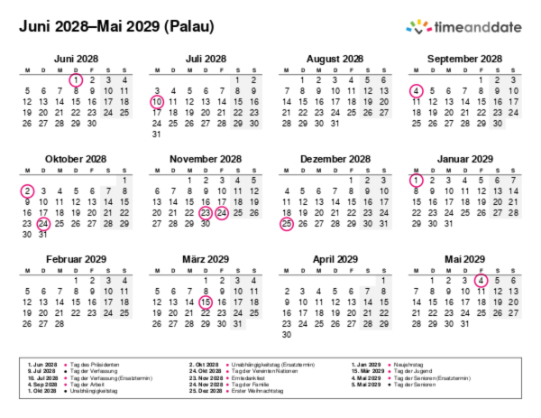 Kalender für 2028 in Palau