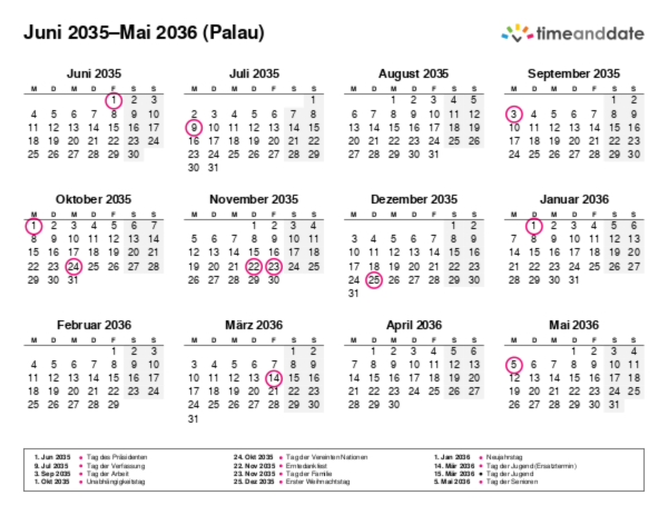 Kalender für 2035 in Palau